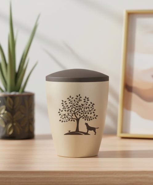 High-quality pet urn for dogs in beige with a velvety finish, laser-engraved tree of life and dog silhouette, including a brown screw lid – A dignified memorial for a cherished pet.
